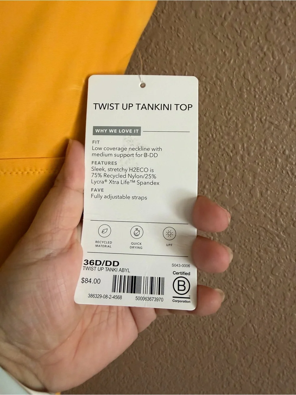 Athleta Yellow Twist up Swim Tankini Top Size 36D/DD NWT